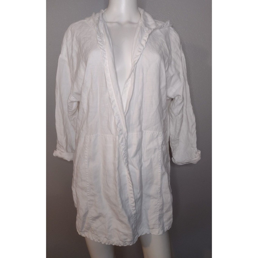 Eileen Fisher Open Front Cardigan Medium White Linen Lagenlook Minimalist O